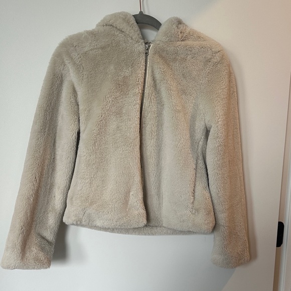 Abercrombie & Fitch Cream Hooded Faux Fur Coat Jacket - Picture 3 of 5
